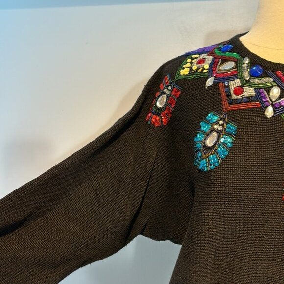 Vintage 80’s Crystal Kobe black jeweled/sequins sweater size large - Picture 3 of 12